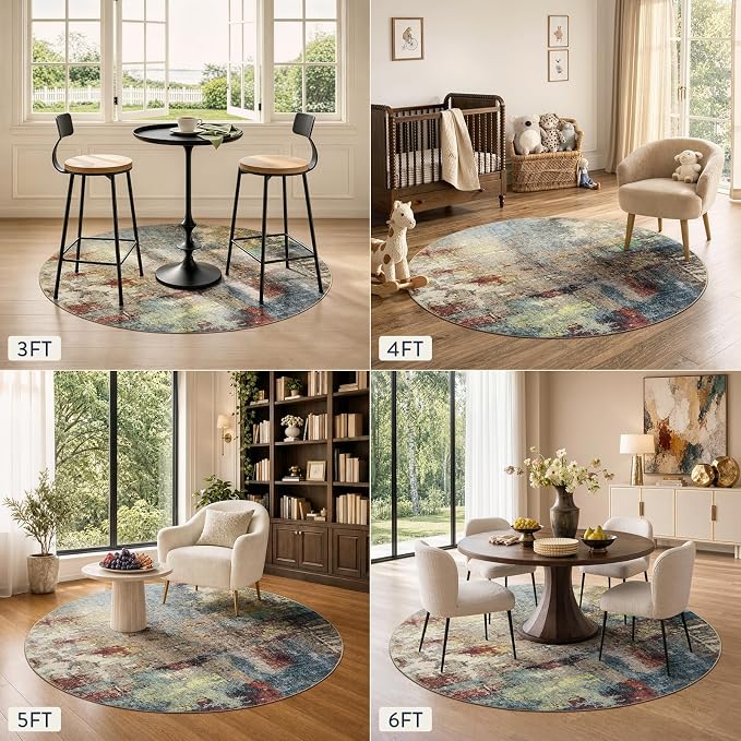 Lahome Modern Abstract Round Rug 6ft - Large Red 6x6 Circle Rugs for Living Room Bedroom Dining Room,Soft Non Slip Mat Indoor Floor Carpet for Coffee Table Hardwood Playroom