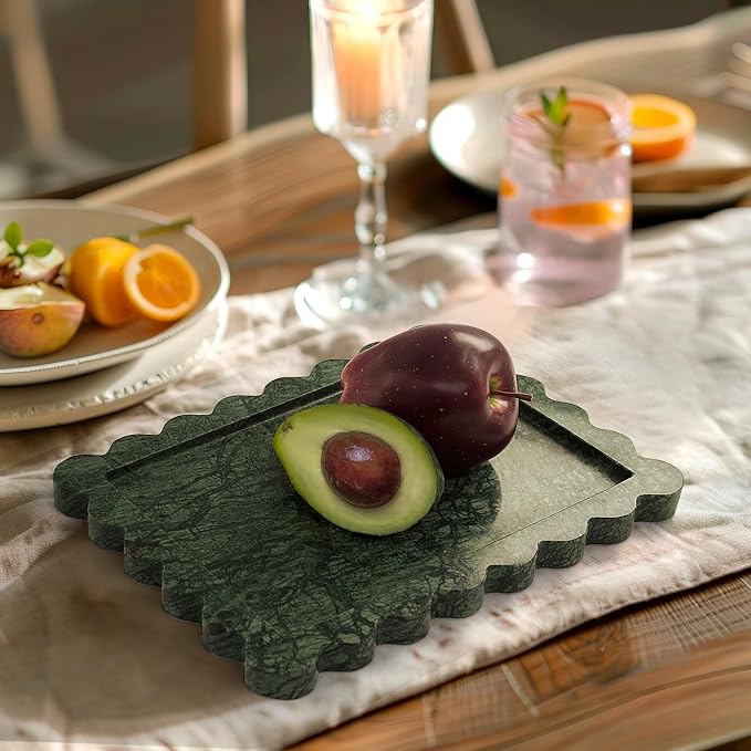 YMXYJM Genuine Indian Green Scalloped Marble Tray, Real Natural Marble Stone Trays, Luxury Decorative Trays for Bathroom, Dresser, Vanity, Home Decor, 10.6" x 8", Dark Emerald Green
