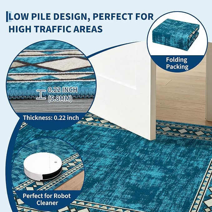 Garvee 5x7 Area Rugs Vintage Border Washable Rugs Living Room, Teal | Boho Area Rug Stain Resistant Easy Cleaning Throw Rugs Non Shedding Low Pile Floor Cover for Nursery Dining Room