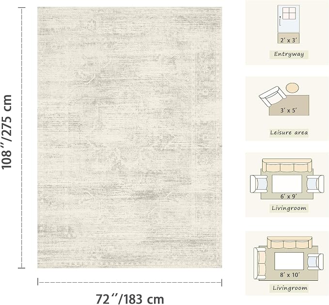 Latte&Fog 6x9 Area Rugs for Living Room Washable Large Neutral Ivory Rugs | for Bedroom Dining Kitchen Kids Playroom Nursery Classroom Dorm Farmhouse Office, Non Slip Low Pile Soft Floral Carpet Indoor