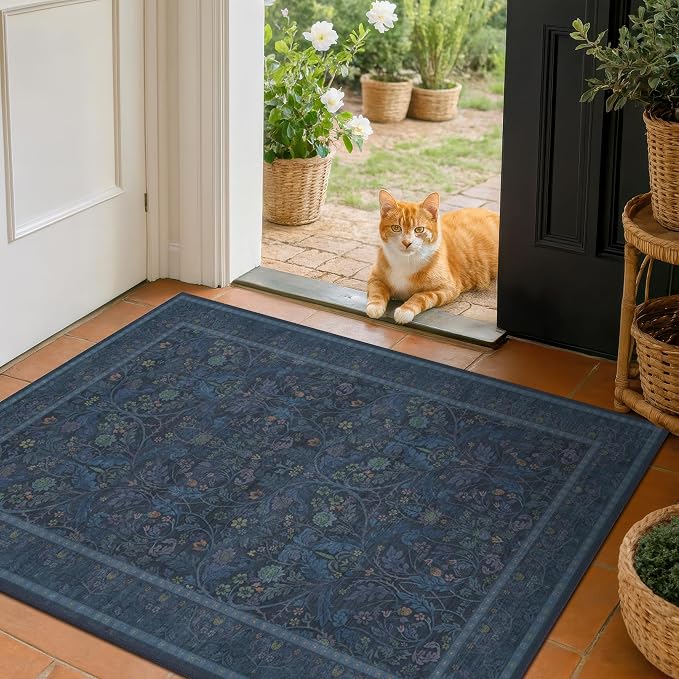 3x4 Oriental Rug for Entryway Indoor, Soft Washable Carpet for Bedroom Beside Bed, Kitchen Rugs Non Slip, Low Pile Stain Resistant Flower Carpet (Navy Blue)
