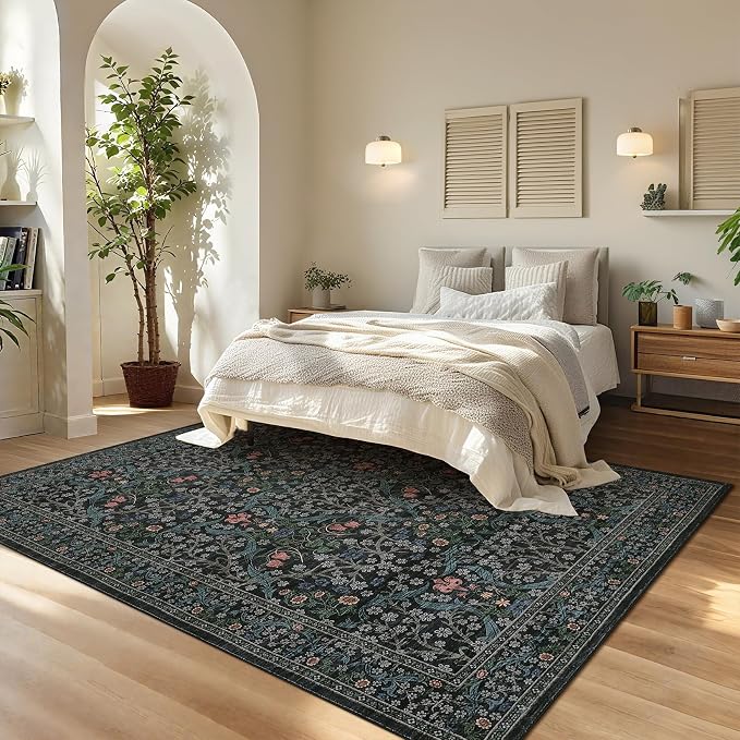 GarveeHome Dark Black Floral 8x10 Washable Area Rug Living Room Bedroom | Vintage Stain Resistant Rugs for Large Room Low-Pile Non-Slip Carpet Soft Stain Resistant Botanical Boho Rug TPE Backing