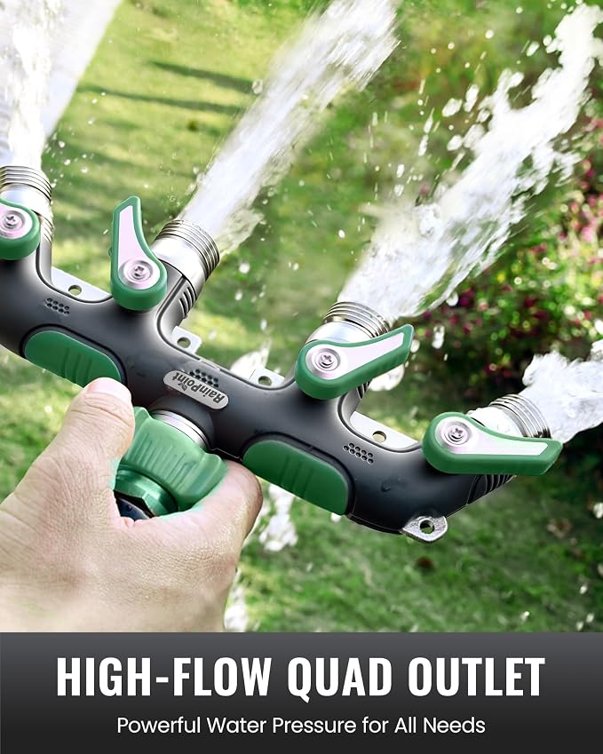 RAINPOINT 4 Way Garden Hose Splitter, 100% Metal Heavy Duty Water Hose Splitter with Individual Shut-Off Valves, 3/4" GHT High Flow Outdoor Faucet Splitter, 1.81" Extra Long Handle (Dark Green)