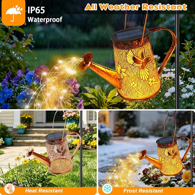 VOOKRY Solar Lights Outdoor Decoration, Large Retro Hanging Metal Solar Watering Can Lights Waterproof Hummingbird Garden Decor Outside for Yard Lawn Patio Porch, Birthday Gifts for Women Mom Grandma