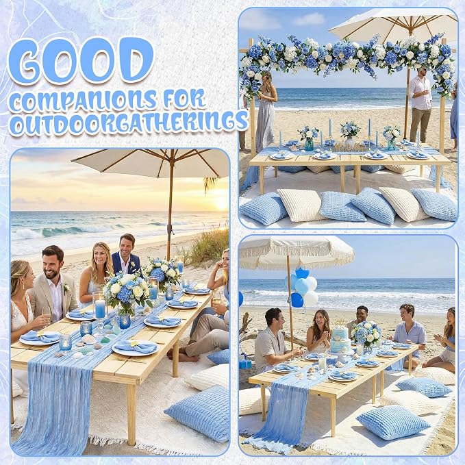 Beeveer 14 Pack Picnic Kit 91x71 Inch Extra Large Outdoor Boho Picnic Blanket with Light Blue Table Runner, 6 Throw Pillow Cover 6 Napkin Woven Cotton Yarn Washable Beach Blanket for Camp Wedding