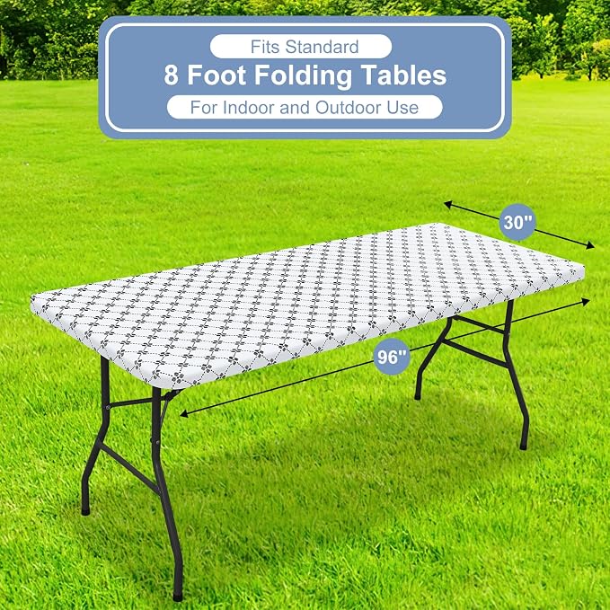 misaya Rectangle Vinyl Table Cloth, Elastic Fitted Tablecloth with Flannel Backing, Waterproof Plastic Table Cover Fits 8 Foot Folding Tables for Picnic, Camping, Indoor and Outdoor (White, 30" x 96")