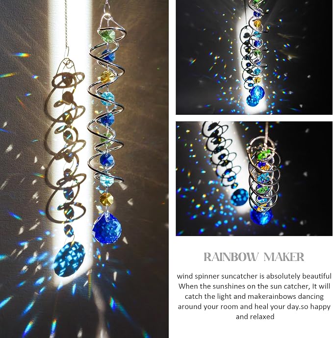 20.5in Sea Blue Crystal Gazing Ball Spiral Wind Spinner Suncatcher | Sea Blue Crystal Gazing Ball Spiral Wind Spinner Rainbow Maker Sun Catcher with Chain for Indoor Outdoor Garden Decor