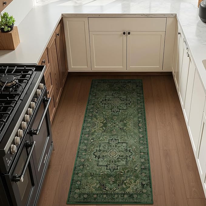 Dark Green Tranditional 2x6 Kitchen Runners Washable Non Slip, Low Pile Vintage Distressed Medallion Printed Carpet Runners for Hallway 6ft Indoor Entryway/Bedroom Bedside/Laundry Room/Bathroom