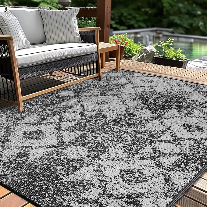 Outdoor Patio Plastic Straw Rug - 4x6 ft Outdoor Camping Rug Waterproof Reversible, Area Carpet Patios RV, Outside Porch Balcony Deck for Camper, Mosaic Black Grey
