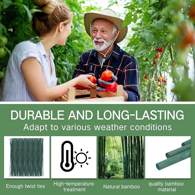 Suclain 50 Pcs 4 Feet Bamboo Stakes for Plant Support Bamboo Sticks Poles Indoor and Outdoor Tall Garden Stakes with 100pcs Twist Ties for Tomato Bean Flowers Trees Potted and Climbing Plant Support