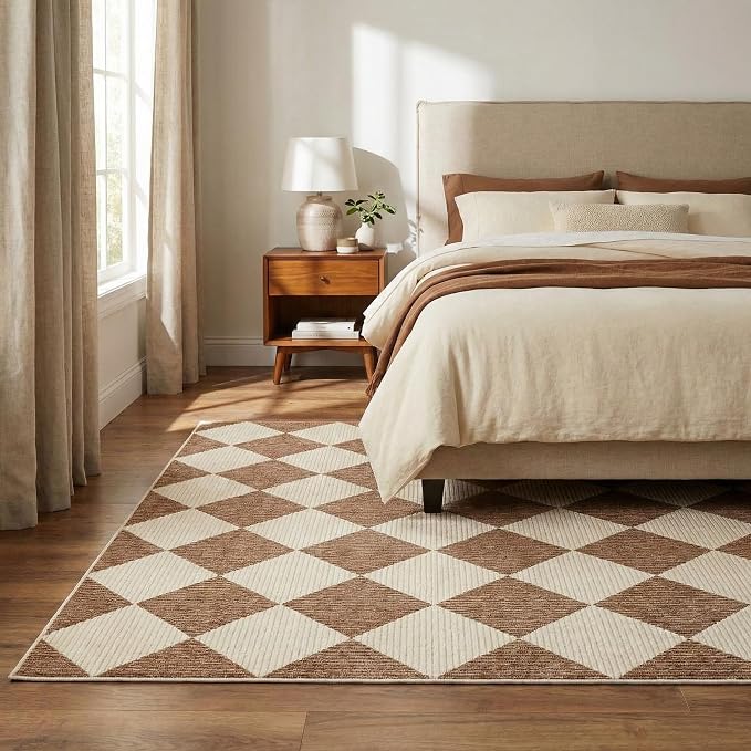 GarveeHome Brown Area Rugs 8x10 Modern Living Room Checkered Washable Rug | Large Soft Non Slip Backing Floor Mat Carpet Indoor Thin Rug for Bedroom Dining Room Playroom Nursery Home Decor