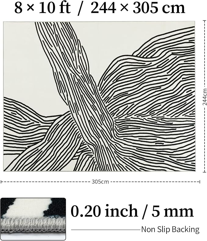 8×10 Ft Washable Rug, Black and White Abstract Area Rug for Bedroom Living Room Dining Room Office Playroom Nursery, Ultra Thin Nonslip Modern Large Rugs Soft Contemporary Striped Rugs | Black and Cream White Modern Striped Rug, Soft Low Pile with Non-...