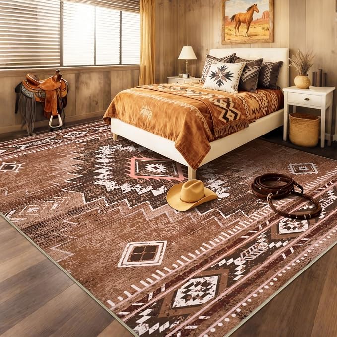 Yinhua Western 8x10 Rug for Living Room, Aztec Washable Rug for Bedroom | Soft Moroccan Large Area Rugs Non-Slip with Rubber Backing, Brown Non-Shedding Carpet for Office Nursery