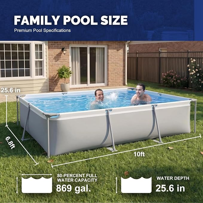 DIMAR GARDEN Above Ground Swimming Pool with Filter Pump, Outdoor Rectangular Steel Frame Swimming Pool for Kids Adults,10ft x 6.8ft x 25.6in