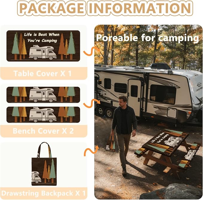 Picnic Table Cover with Bench Covers Elastic Edges, Outdoor Patio Camping Essentials 72 Inch 3PCS, Waterproof Camping Fitted Tablecloth with Handbags (Life is Best When You're Camping)
