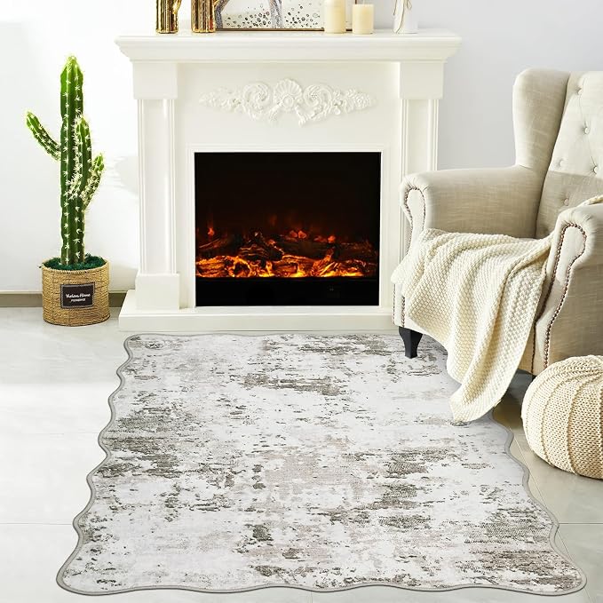 ROYHOME Modern Scalloped Abstract 2x3 Area Rug Non Slip, Taupe | Non Shedding Low Pile Stain Resistant Rug for Entryway Kitchen Bedroom