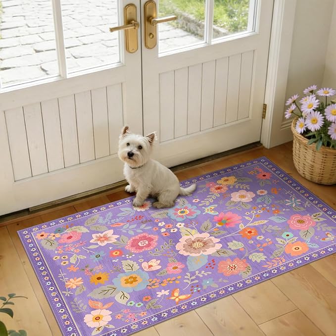 Floral Washable 2x4 Area Rugs Runner Entryway Hallway Purple/Pink | Flower Carpet, Print, Boho, Non-Slip, Easy to Clean, Low Pile, Soft, for Living Room Bedroom Kitchen Office Entrance