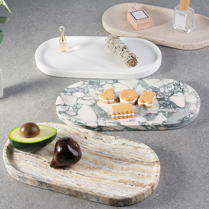 Koville Natural Marble Tray for Bathroom Countertop, Marble Storage Trays for Perfume, Cosmetics, Jewelry, Vanity Tray Stone Trays for Kitchen, Decorative Tray for Dresser Organizer(Calacatta White)