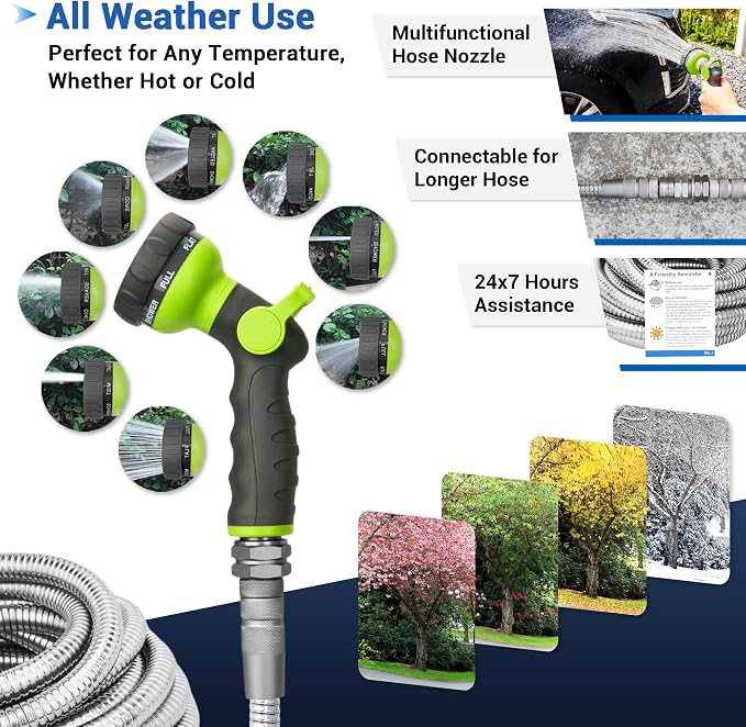 50 FT Stainless Steel Garden Hose – 304 Steel Heavy Duty Metal Hose, No-Kink, Puncture Resistant, Lightweight, Leak-Proof Swivel Fittings, 8-Pattern Nozzle for Garden, Yard, Outdoor Cleaning