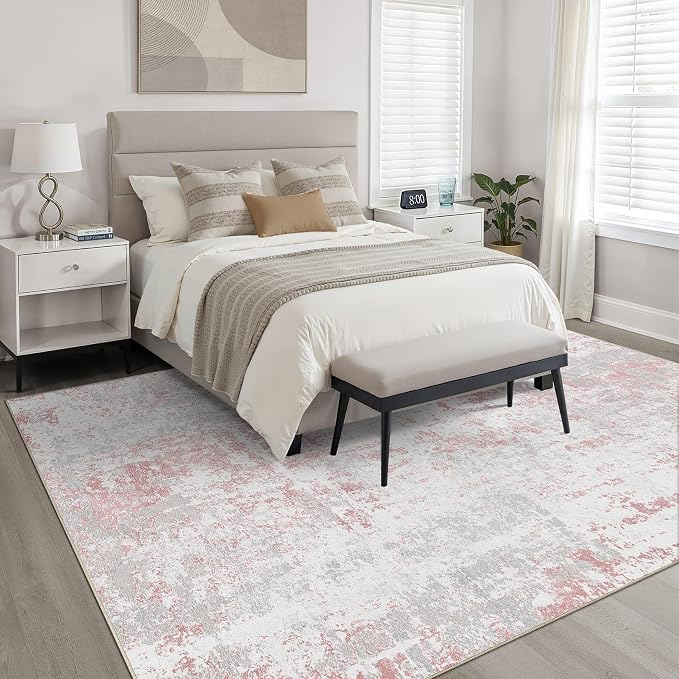 LOONGRUG 6x9 Area Rug Washable Neutral Modern Rug for Living Room Pink Gray | Abstract Soft Stain Resistant Indoor Non-Slip Carpet for Bedroom Nursery Kids Office Playroom Dining Room