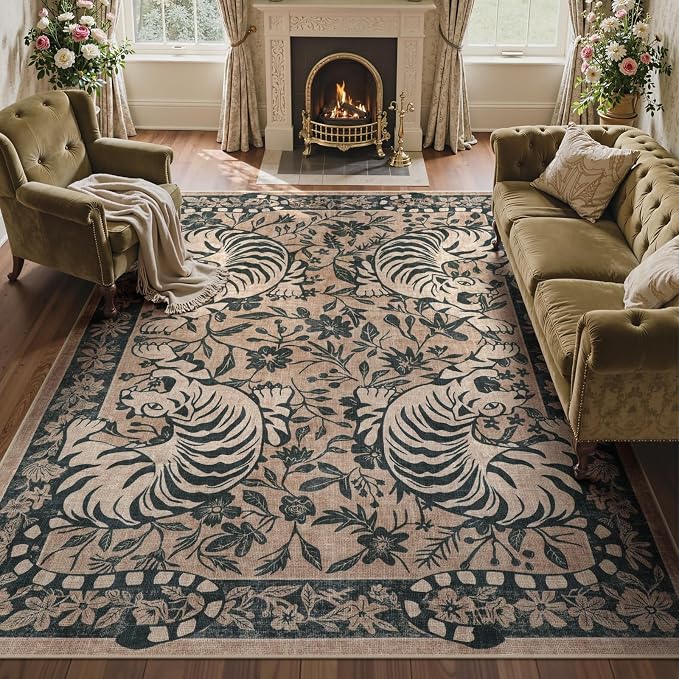 LIVEBOX Tiger Washable Area Rug 8x10, Boho Rugs for Living Room Non-Slip Jungle Floral Bedroom Rug, Vintage Soft Western Animal Floor Carpet for Dining Room Home Office Dorm (Taupe)
