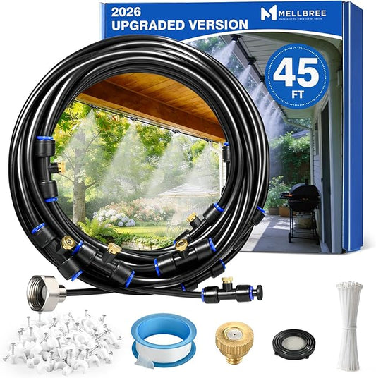 Mellbree Misters for Outside Patio 45FT/14M, Pre-Assembled Misting Cooling System with 12 Brass Nozzles & 3/4" Adapter, Outdoor Mister for Patio, Garden, Greenhouse, Pavilion, Dog House, Chicken Coop
