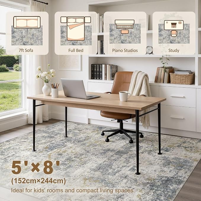 kakania Washable 5x8 Area Rug for Living Room: Abstract Modern Home Decor | Soft Stain Resistant, Low-Pile, Non-Slip, Pet & Kid Friendly, Thin Rug for Bedroom/Dining Room/Kids Dorm - Blue Grey