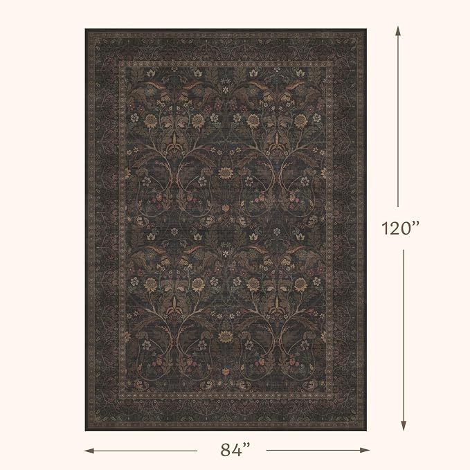 7x10 Washable Rug for Living Room, Dark Brown Vintage Cottagecore Floral Area Rug, Large Non Slip Soft Carpet for Dining Room, Moody Botanical Flower Rug, Low Pile Easy Care