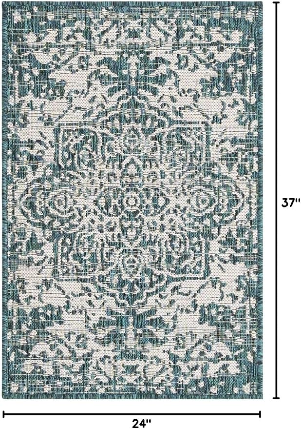 Unique Loom Outdoor Collection Area Rug - Dubai (2' x 3' 1' Rectangle, Teal/ Ivory)