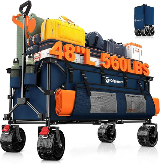 Originsure 48" L Collapsible Wagon Cart Foldable, 560lbs Weight Capacity 300L Heavy Duty Folding Beach Wagons with Big All-Terrain Wheels, Utility Carts for Groceries, Camping, Sports - Blue