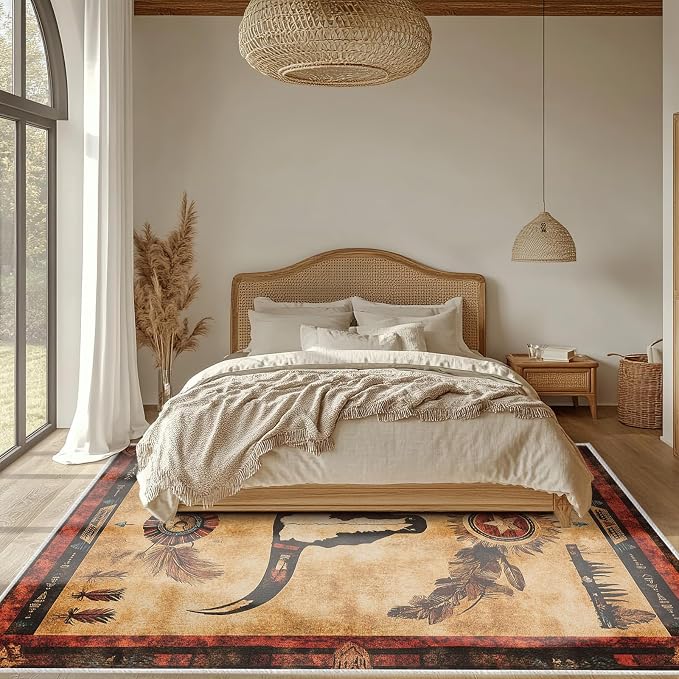 Western Area Rug Southwestern Cow Washable 8x10 Navajo Tribal Rugs for Living Room Bedroom Cowboy Rustic Non-Slip Soft Floor Large Carpet for Office Entryway Bathroom