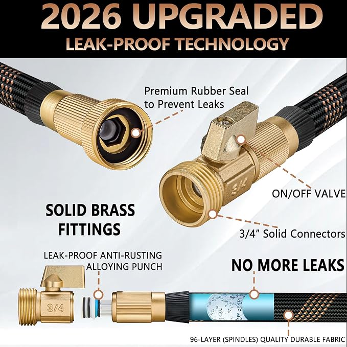 Garden Hose 25FT, Lightweight Flexible Water Hose, 5/8" Kink Free Leak Proof Hose, Heavy Duty 96-Layer Woven with 3/4" Brass Fittings, 10 Function Nozzle for Yard Lawn Outdoor Car Wash(BlackRosegold)