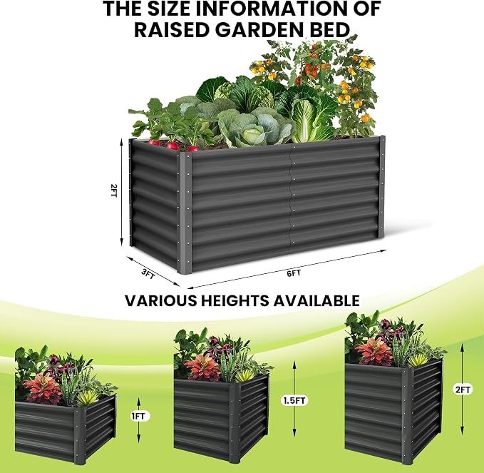 GarveeHome 6 * 3 * 2FT Raised Garden Bed Kit, Galvanized Raised Garden Beds Outdoor for Gardening, Above Planter Boxes, Large Garden Bed for Vegetables, Fruits, Dark Grey, 2 Pcs