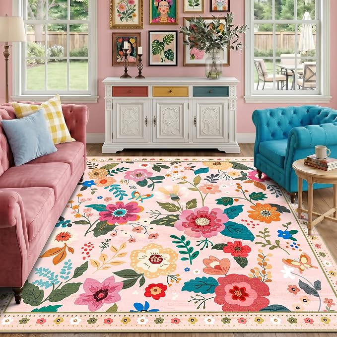 RELEANY Floral Washable Square 8ft Area Rug Pink | Flower Carpet, Print, Boho, Non-Slip, Easy to Clean, Soft, Low Pile for Living Room Bedroom Kitchen Office Entryway Hallway