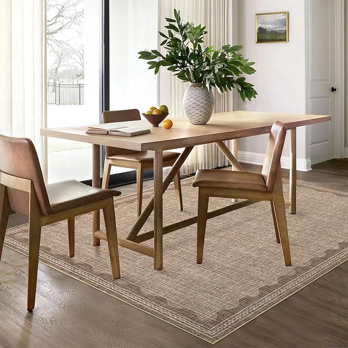 5x7 Scalloped Area Rugs Coffee Washable Living Room Bedroom Rug | Solid Tan Rug for Bedroom Girls, Non Slip Throw Carpet With Rubber Back, Soft Dorm Nursery Scalloped Rugs for Dining Room