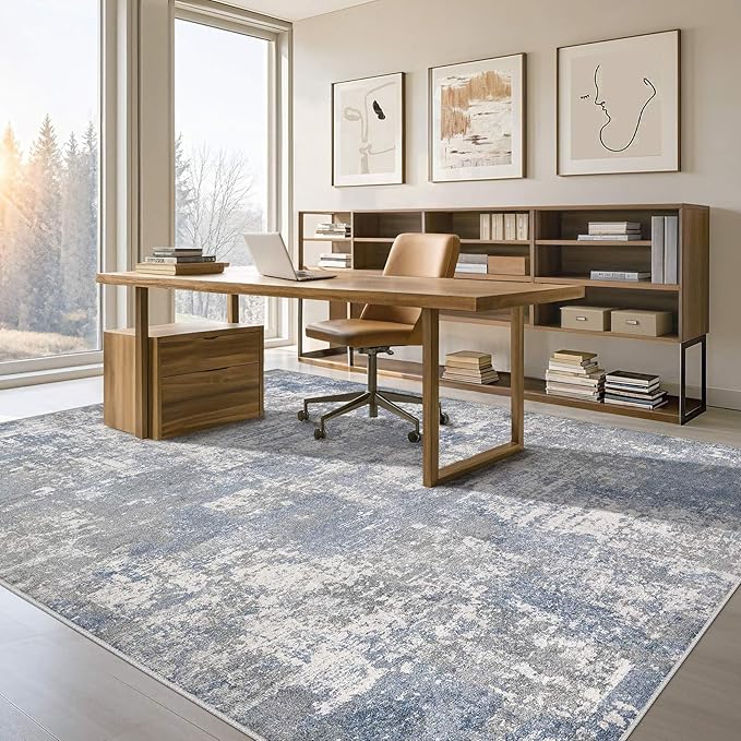 Tortania Washable 9x12 Area Rug for Living Room: Modern Abstract Neutral Large Soft Thin Rugs - Non Slip Indoor Carpet for Bedroom Dining Room Office Nursery Home Floor Decoration - Blue Grey