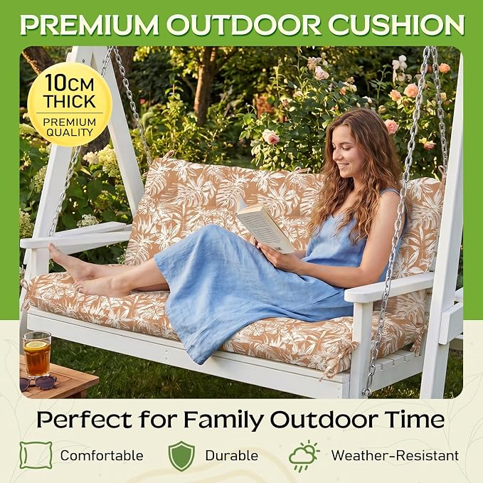 Outdoor Swing Cushion with Backrest, Tie Straps & Memory Foam - Replacement for Porch Bench 2/3 Seater, Oxford Fabric (TAN & White, 60 INCH × 40 INCH)