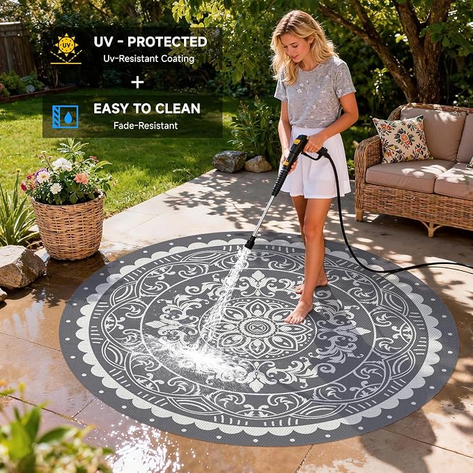 Pauwer Waterproof Outdoor Rug 8ft, Reversible Plastic Straw Patio Camping Rug, Indoor Outdoor RV Mat Carpet for Deck, Camper, Porch, Balcony, Backyard, Picnic, Paisley Grey