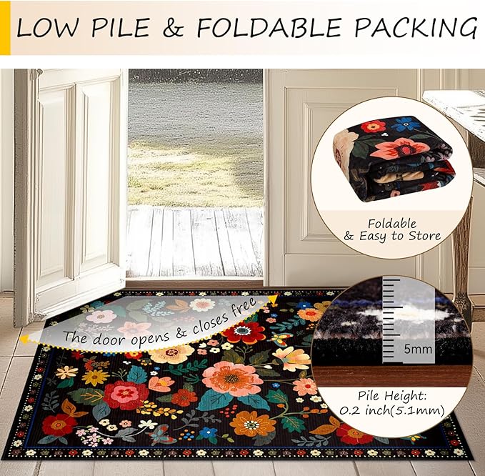 RELEANY Floral Washable 2x3 Area Rugs Doormat Black | Flower Carpet, Print, Boho, Non-Slip, Easy to Clean, Soft, Low Pile for Living Room Bedroom Kitchen Office Entryway Hallway