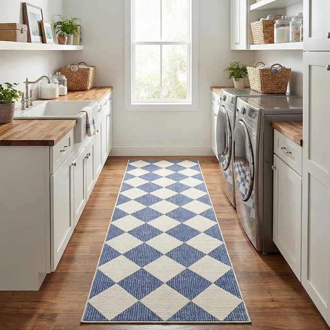 GarveeHome Checkered Hallway Runner Rug 2.5x8 Navy Blue Kitchen Rug | Long Non Slip Soft Diamond Print Entryway Rug Thin Laundry Mat Stain Resistant Carpet for Bedroom Bathroom Beside