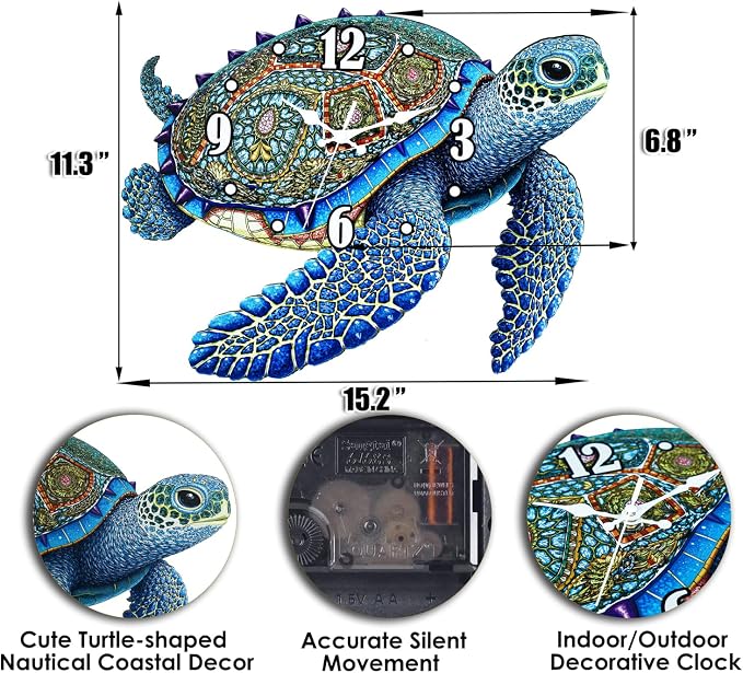 Sea Turtle Outdoor Clock – Silent Vibrant Color Waterproof PVC, Nautical Coastal Decor Wall Clock for Patio, Pool, Garden, Bathroom & Indoor, 11.3"x15.2"