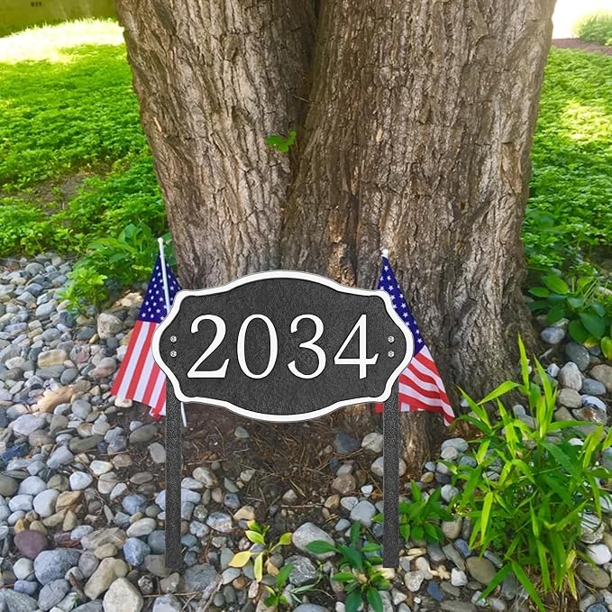 Personalized Address Sign Lawn Mounted - Custom House Number Signs with Metal Stakes for Outside Lawn, House, Yard, Ground, Drive Way, Garden, Free Standing in(Silver)