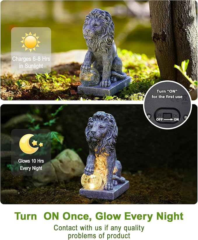 Guardian Lion Outdoor Statues for Garden with Solar Ball (Grey) | 9.45in IP65 Waterproof,Outside Decor, Yard Art Lawn Ornaments, Porch Patio Balcony Home House, Gifts for Mom Grandma Women