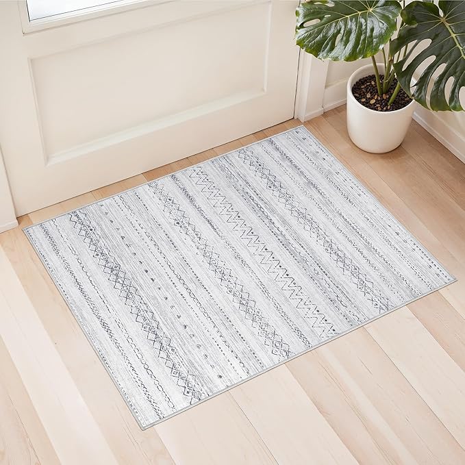 cotiled Washable 2x3 Entryway Rugs: Boho Moroccan Soft Small Rug | Solve Modern Neutral Trendy Home Decor - Stain Resistant for Bathroom Entryway Kitchen Laundry Grey