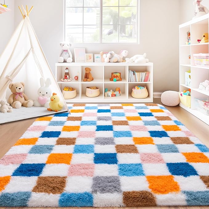 Checkered Rug 5x7 for Bedroom, Ultra Shag Large Rainbow Area Rug for Living Room, Modern Plush Soft Upgrade Non-Slip Fluffy Fuzzy Carpet for Kids Girls Room, Dorm Home Decor