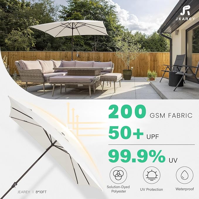 JEAREY 8x10 ft Rectangular LED Lighted Patio Umbrellas Outdoor Solar Table Market Umbrella w/Crank, 8 Sturdy Ribs, UV Protection Waterproof Sunproof(Creamy-white)