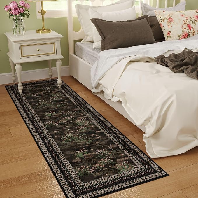 Rugcomf Runner Rug Impressionist-Style Vintage Kitchen Rugs Non Slip Washable Soft Carpet Runner for Kitchen Laundry Bedroom Bathroom, Black