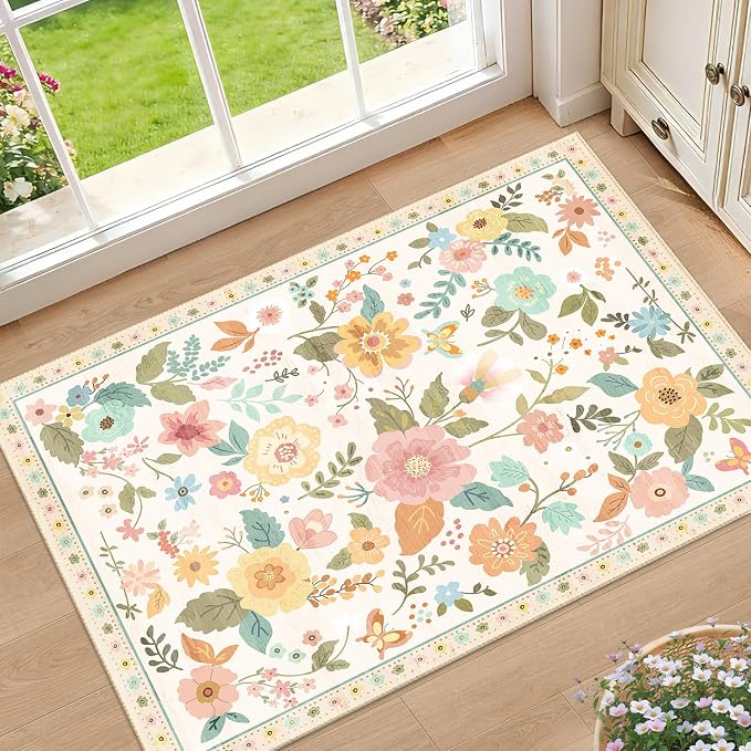 RELEANY Floral Washable 2x3 Area Rugs Doormat Beige/White/Orange | Flower Carpet, Print, Boho, Non-Slip, Easy to Clean, Soft, Low Pile for Living Room Bedroom Kitchen Office Entryway Hallway