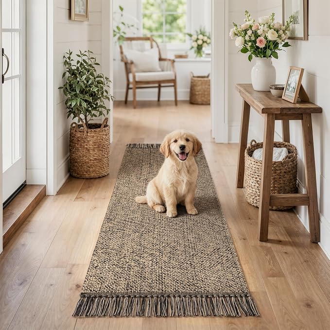 Bathroom Runner Rug, 2' x 5' Modern Farmhouse Kitchen Carpet | Boho Hand-Woven Entryway Rugs Runners for Hallway, Natural/Black Washable Laundry Carpet Indoor Front Door Mats for Bedroom