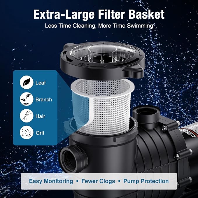 CrestWave 2 HP In/Above Ground Pool Pump Dual Voltage 115V/230V | 6816GPH High Flow Self-Priming Pump, Low Noise Heavy Duty w/Large Strainer Basket, 3-Size Connectors (1.5", 2", 1.25"-1.5")